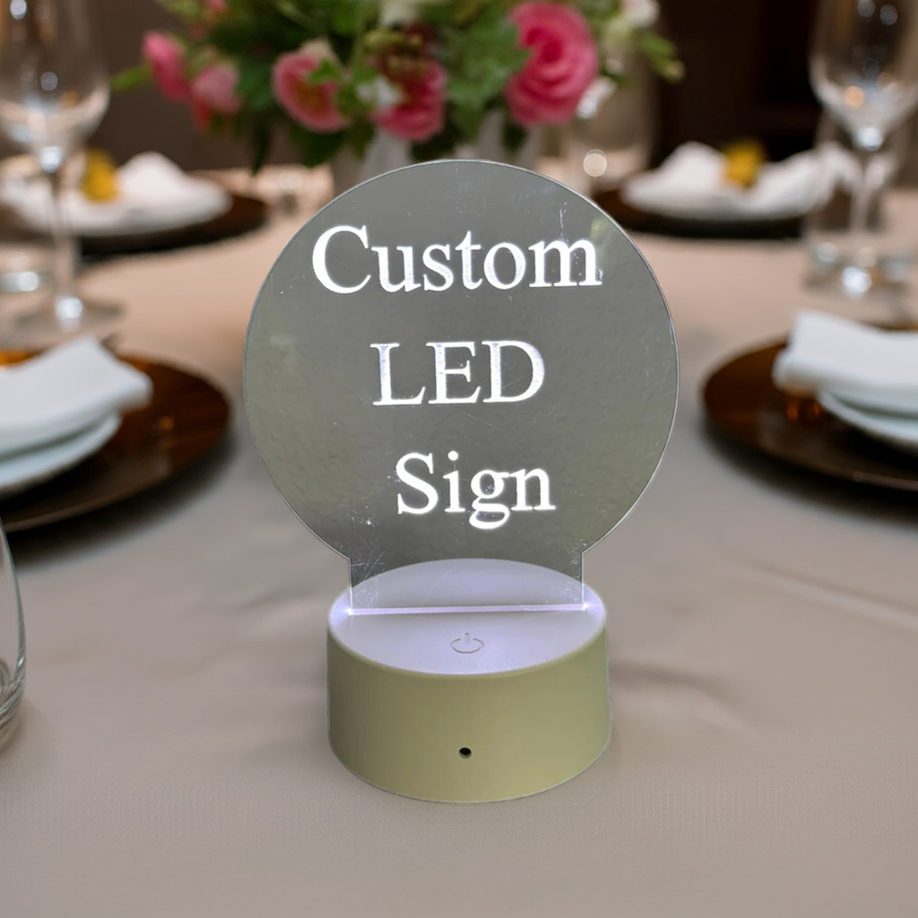 Custom LED 6"x6” Round Acrylic Table Sign. Wireless Remote Included. Your Logo or Message. - Professional Artwork