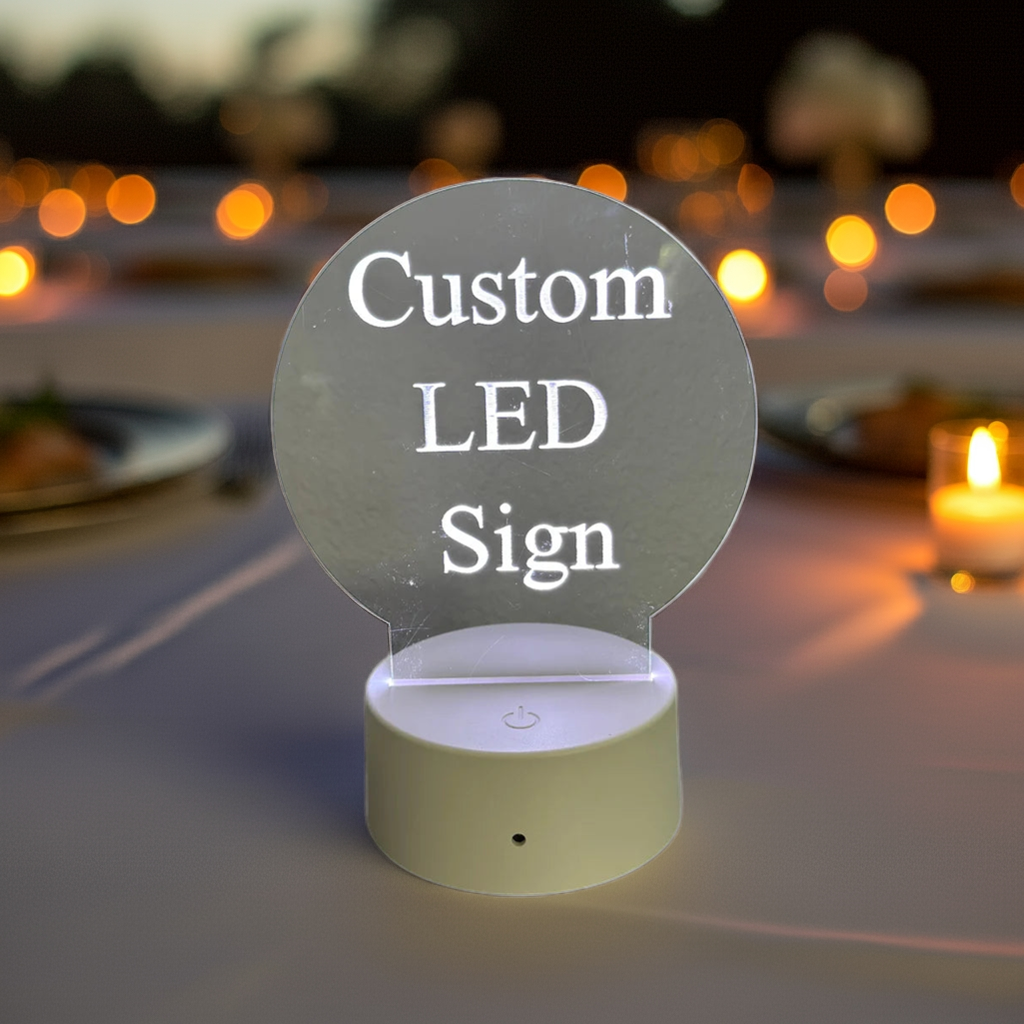 Custom LED 6"x6” Round Acrylic Table Sign. Wireless Remote Included. Your Logo or Message. - Professional Artwork