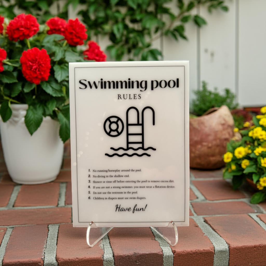 Swimming Pool Rules - Vacation Rental House Rules Signs, 5x7 inch Acrylic Signs (Design 29) - Professional Artwork