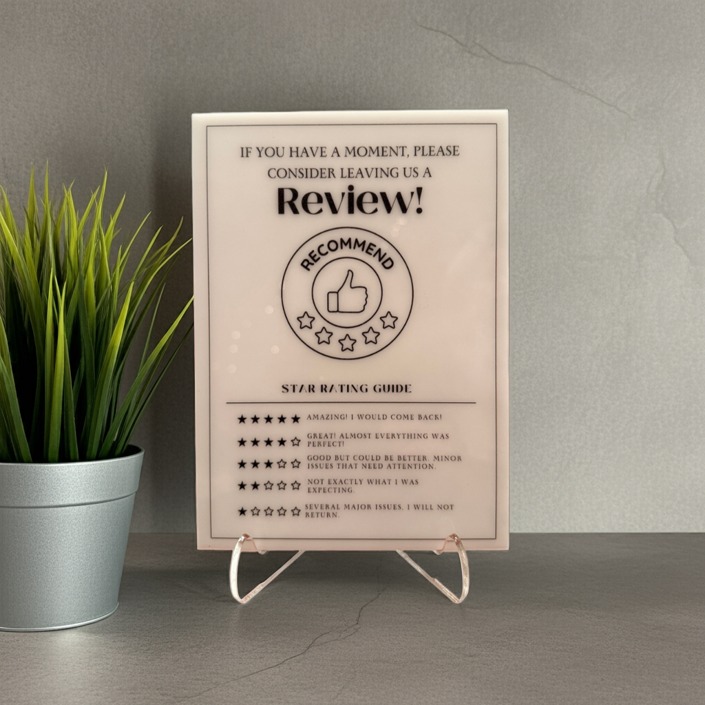 Consider Leaving Us a Review - Vacation Rental House Rules Signs, 5x7 inch Acrylic Signs (Design 27) - Professional Artwork