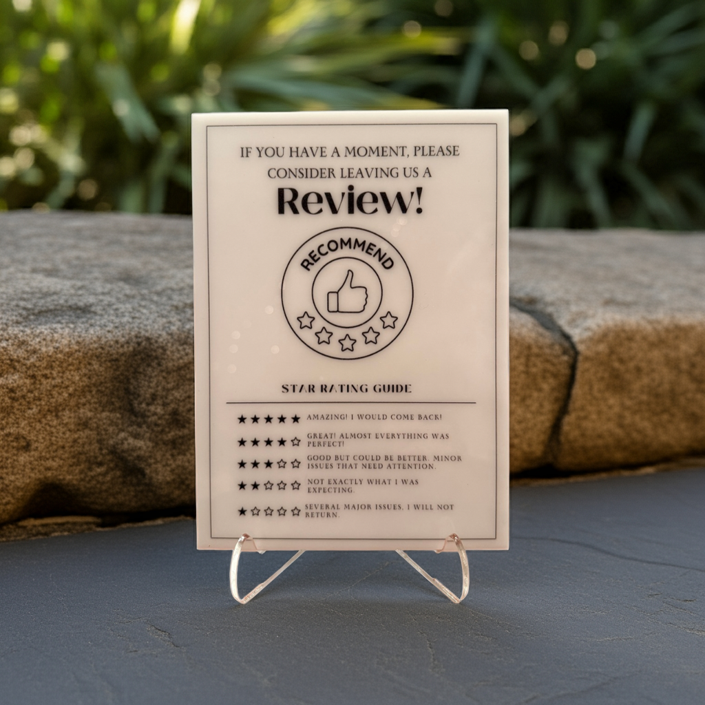 Consider Leaving Us a Review - Vacation Rental House Rules Signs, 5x7 inch Acrylic Signs (Design 27) - Professional Artwork