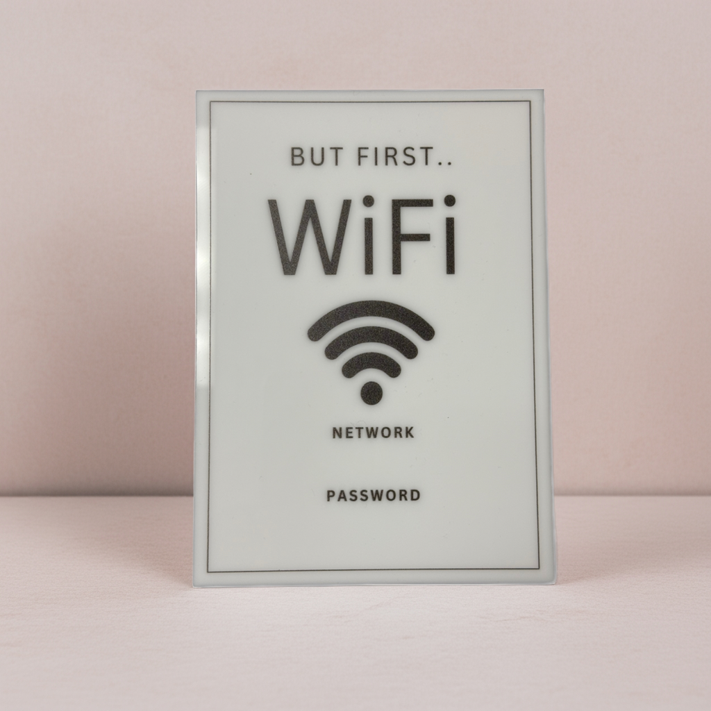 But First WiFi - WiFi Network and Password Sign. Acrylic 5"x7" with Easel and Double Sided Tape. (White - Design 2) - Professional Artwork