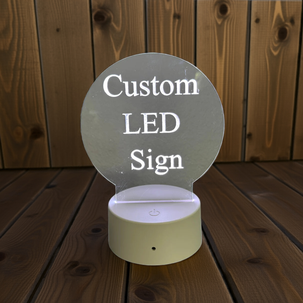 Custom LED 6"x6” Round Acrylic Table Sign. Wireless Remote Included. Your Logo or Message. - Professional Artwork