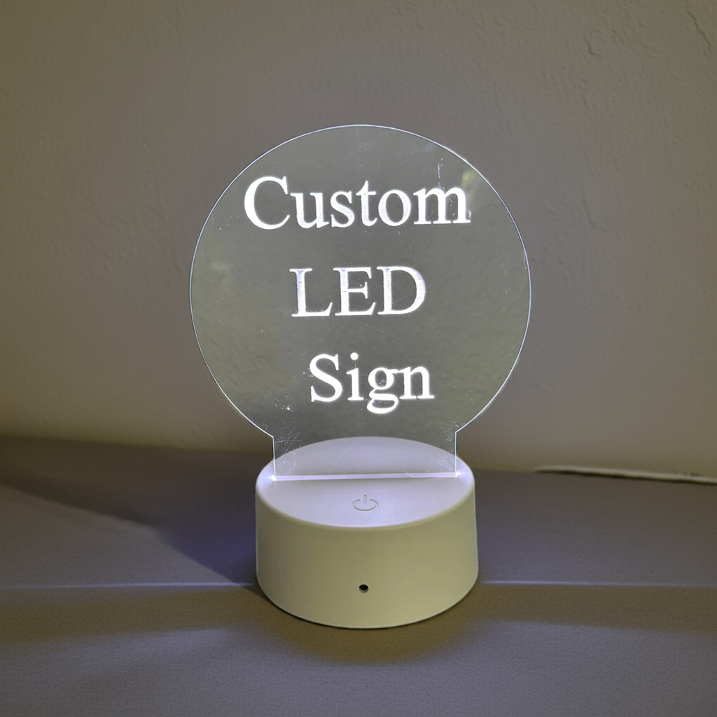 Custom LED 6"x6” Round Acrylic Table Sign. Wireless Remote Included. Your Logo or Message. - Professional Artwork