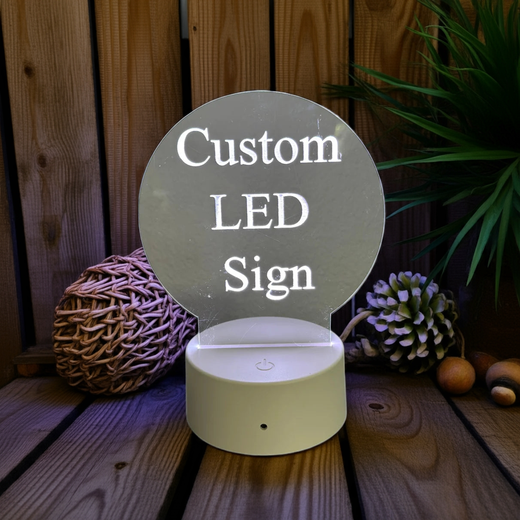 Custom LED 6"x6” Round Acrylic Table Sign. Wireless Remote Included. Your Logo or Message. - Professional Artwork