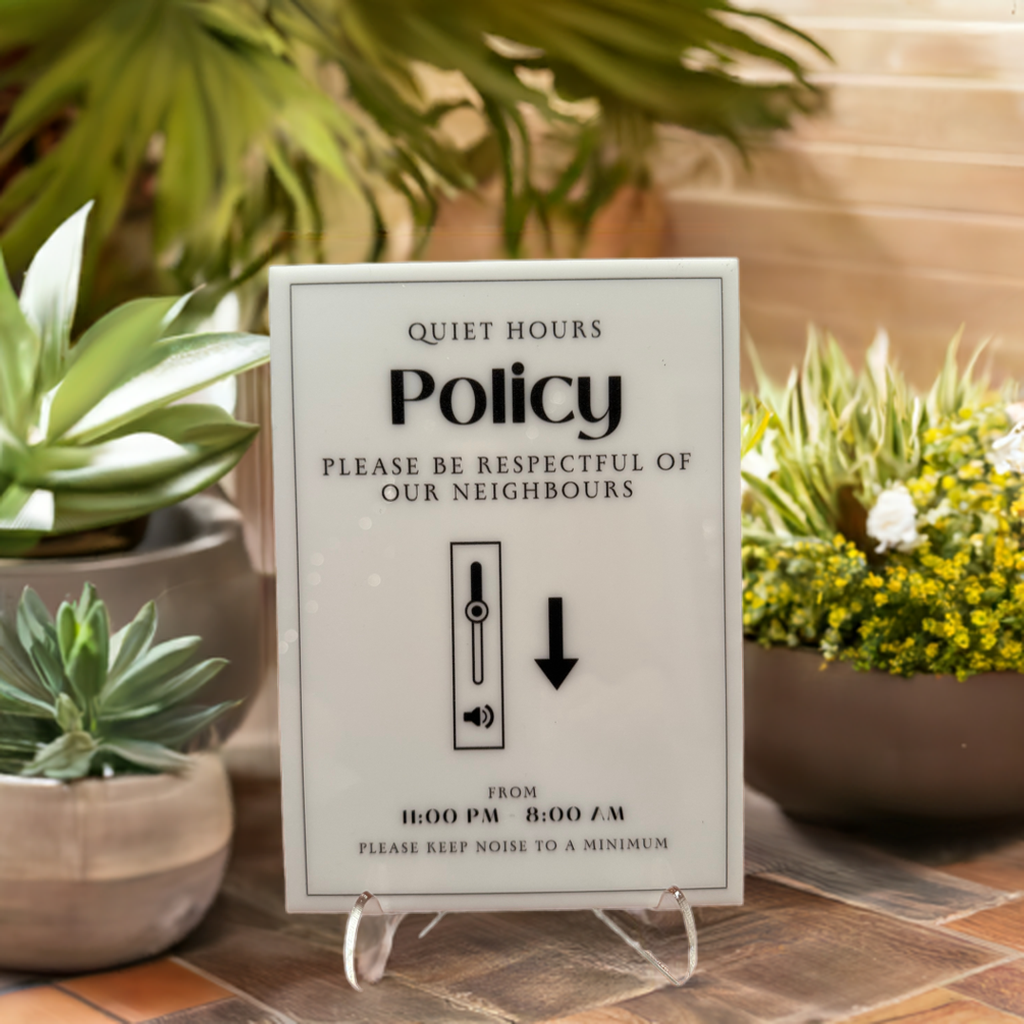 Quiet Hours Policy - Vacation Rental House Rules Signs, 5x7 inch Acrylic Signs (Design 5) - Professional Artwork