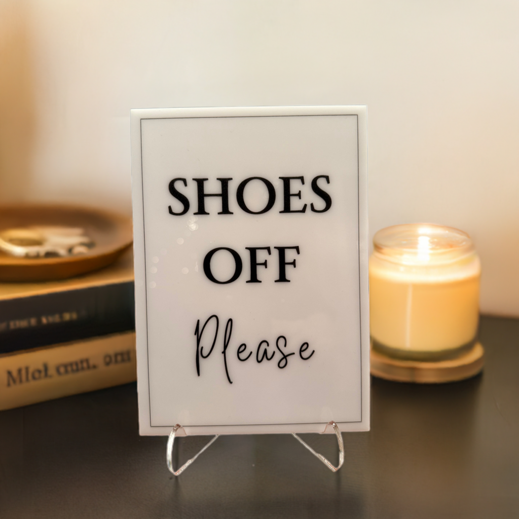 Shoes Off Please - Vacation Rental House Rules Signs, 5x7 inch Acrylic Signs (Design 2) - Professional Artwork
