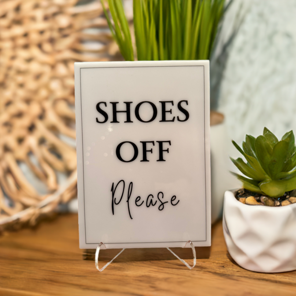 Shoes Off Please - Vacation Rental House Rules Signs, 5x7 inch Acrylic Signs (Design 2) - Professional Artwork