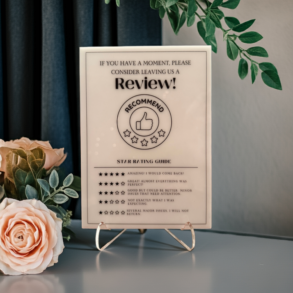 Consider Leaving Us a Review - Vacation Rental House Rules Signs, 5x7 inch Acrylic Signs (Design 27) - Professional Artwork