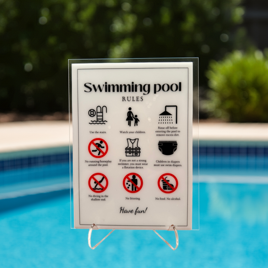 Swimming Pool Rules - Vacation Rental House Rules Signs, 5x7 inch Acrylic Signs (Design 30) - Professional Artwork
