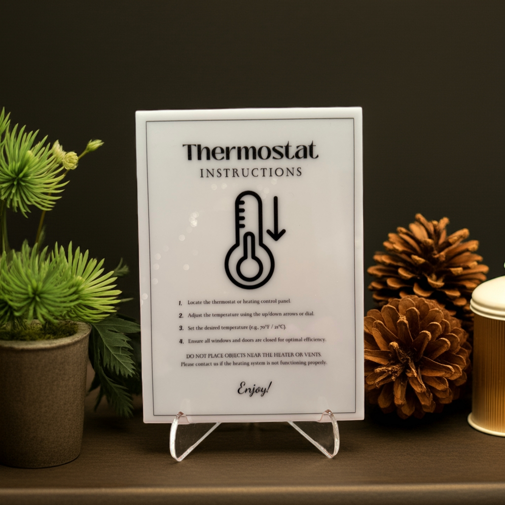 Thermostat Instructions - Vacation Rental House Rules Signs, 5x7 inch Acrylic Signs (Design 37) - Professional Artwork