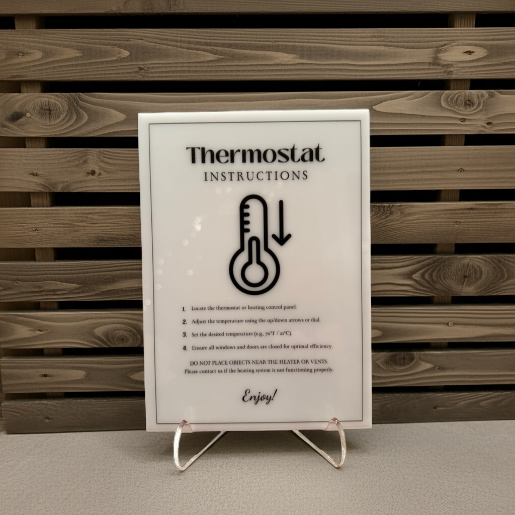 Thermostat Instructions - Vacation Rental House Rules Signs, 5x7 inch Acrylic Signs (Design 37) - Professional Artwork