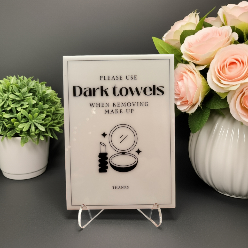 Please Use Dark Towels A - Vacation Rental House Rules Signs, 5x7 inch Acrylic Signs (Design 15) - Professional Artwork
