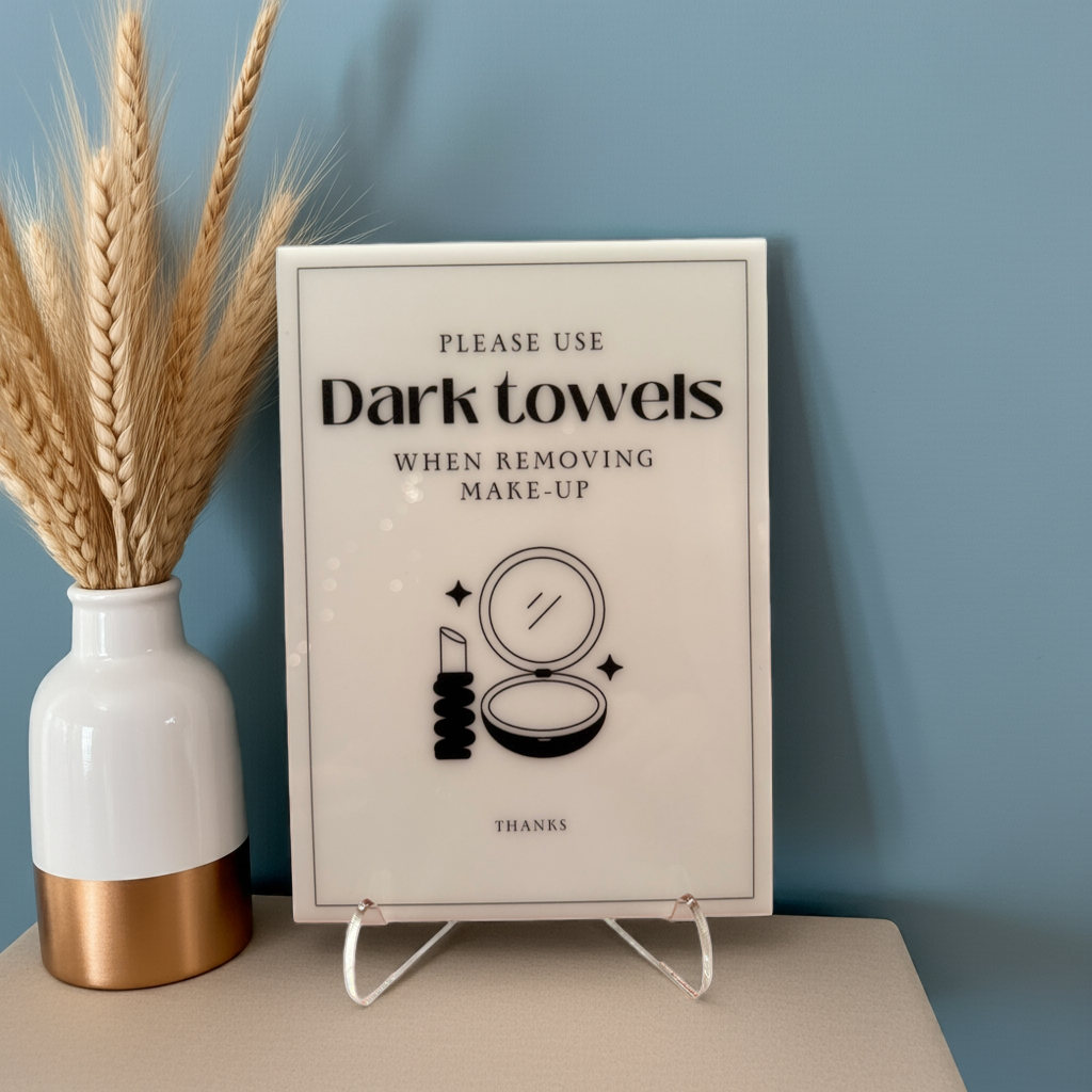 Please Use Dark Towels A - Vacation Rental House Rules Signs, 5x7 inch Acrylic Signs (Design 15) - Professional Artwork