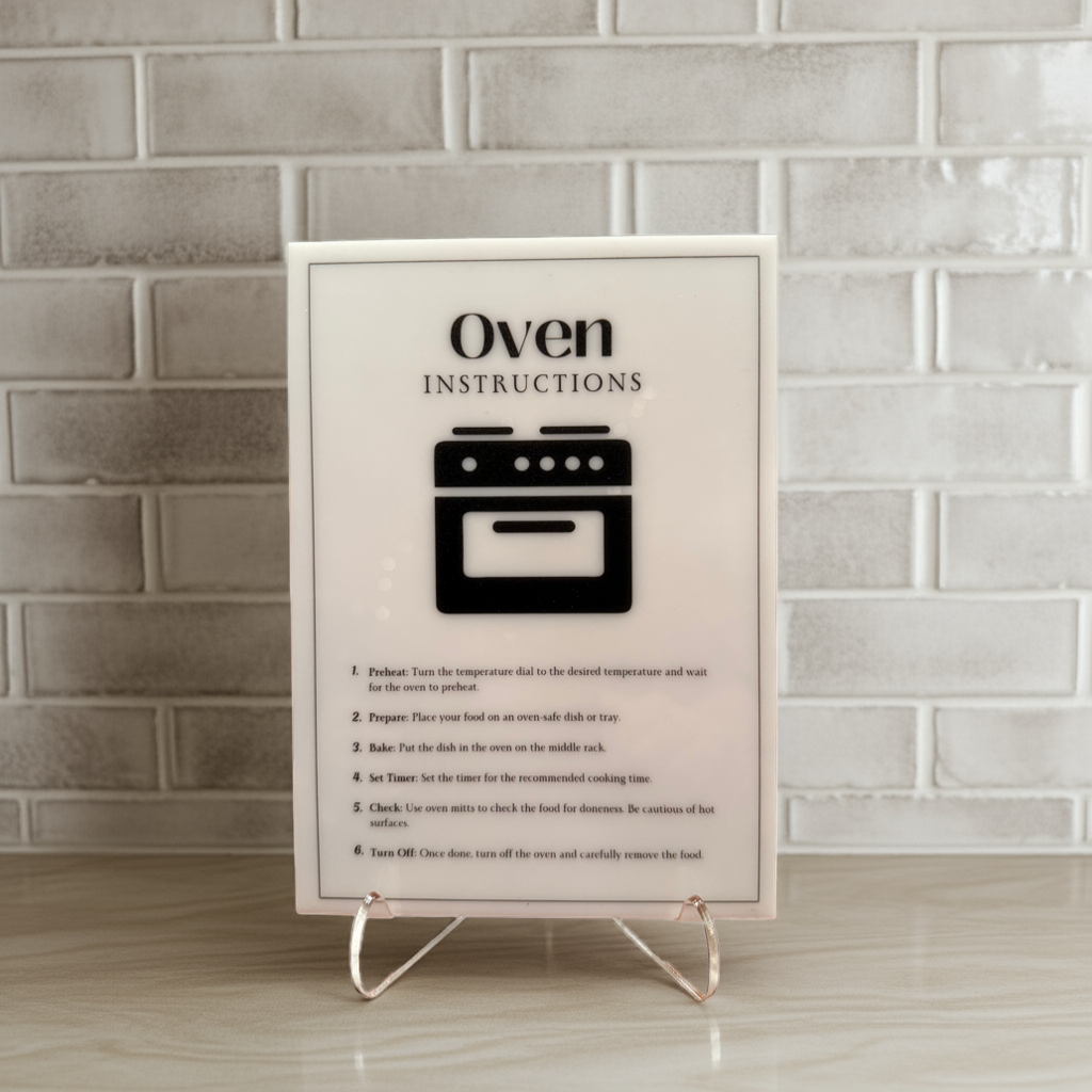 Oven Instructions - Vacation Rental House Rules Signs, 5x7 inch Acrylic Signs (Design 38) - Professional Artwork