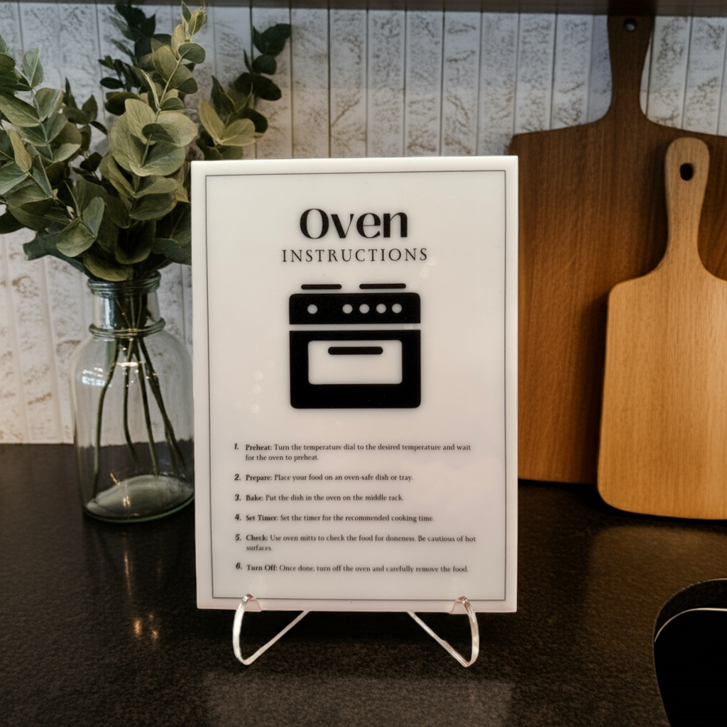 Oven Instructions - Vacation Rental House Rules Signs, 5x7 inch Acrylic Signs (Design 38) - Professional Artwork