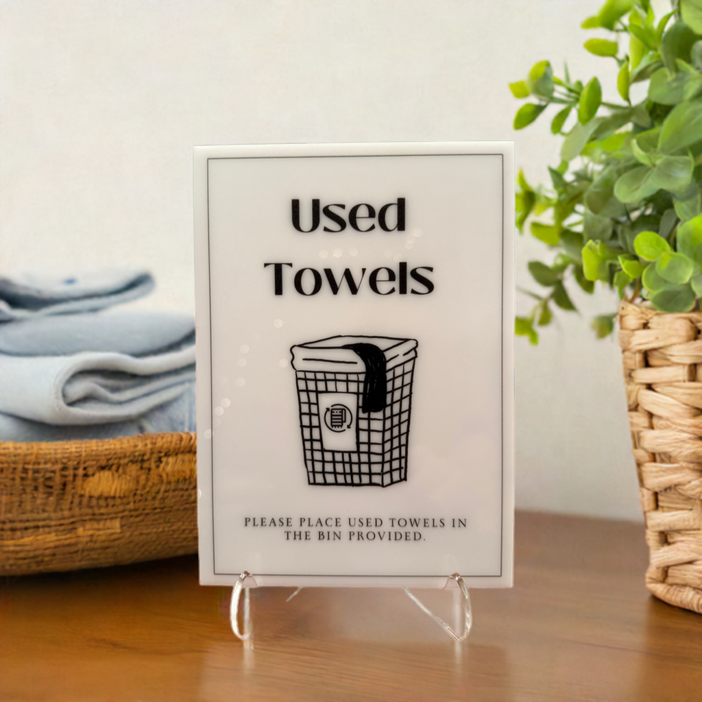 Used Towels - Vacation Rental House Rules Signs, 5x7 inch Acrylic Signs (Design 13)