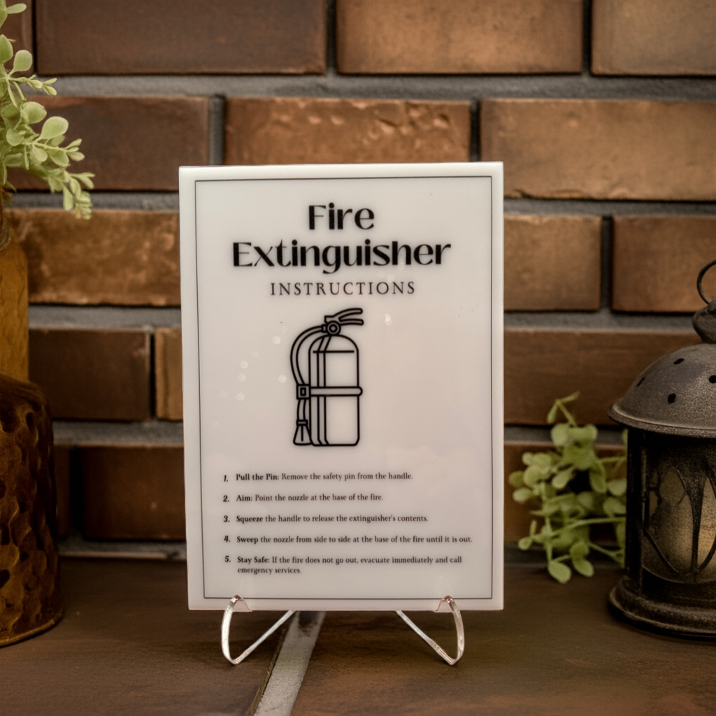 Fire Extinguisher Instructions - Vacation Rental House Rules Signs, 5x7 inch Acrylic Signs (Design 33) - Professional Artwork