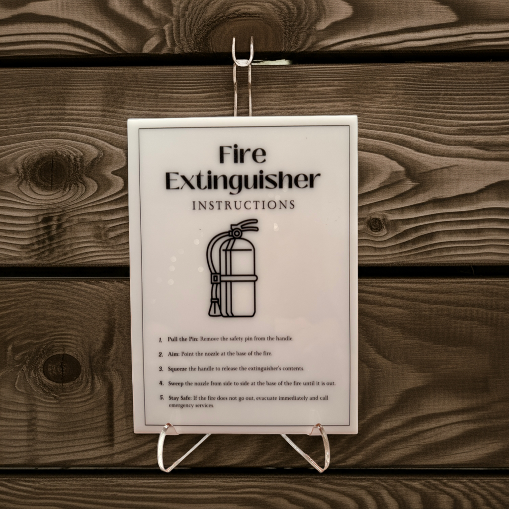 Fire Extinguisher Instructions - Vacation Rental House Rules Signs, 5x7 inch Acrylic Signs (Design 33) - Professional Artwork
