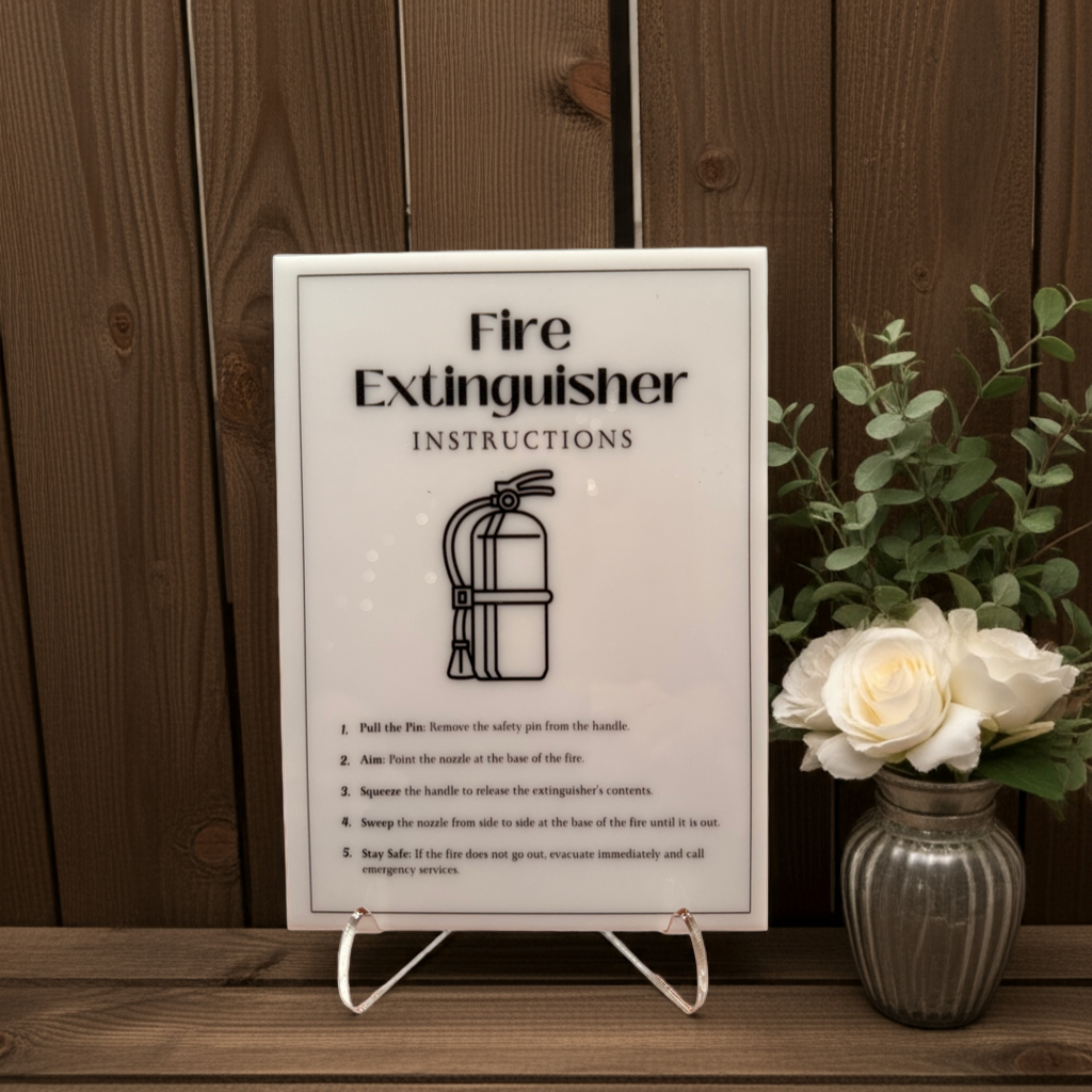 Fire Extinguisher Instructions - Vacation Rental House Rules Signs, 5x7 inch Acrylic Signs (Design 33) - Professional Artwork