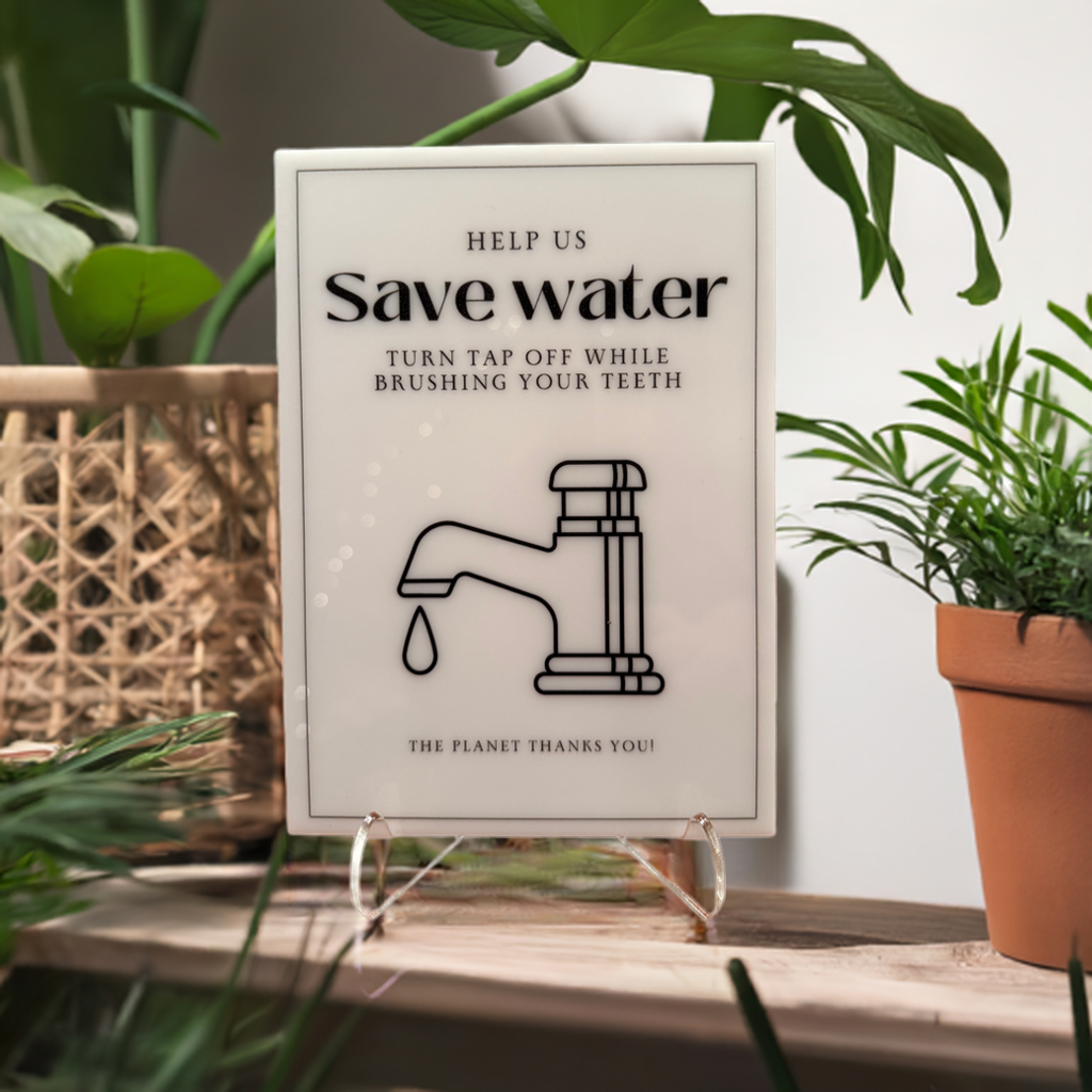 Help Us Save Water - Vacation Rental House Rules Signs, 5x7 inch Acrylic Signs (Design 8) - Professional Artwork