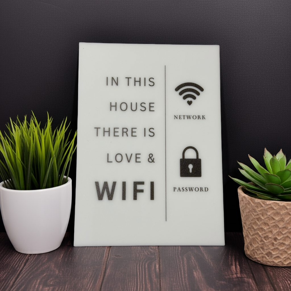 In this House There is Love & Wifi- WiFi Network and Password Sign. Acrylic 5"x7" with Easel and Double Sided Tape. White - Design 4 - Professional Artwork