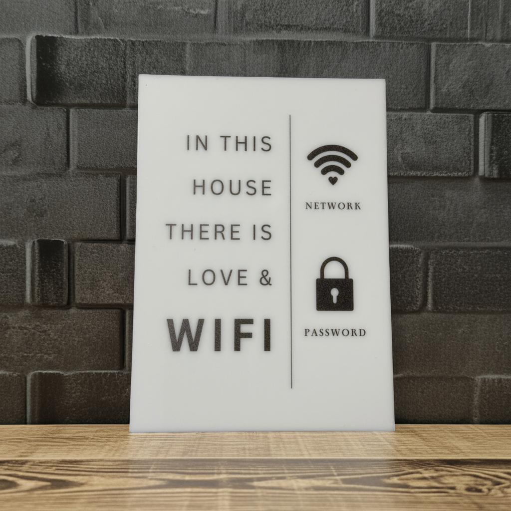 In this House There is Love & Wifi- WiFi Network and Password Sign. Acrylic 5"x7" with Easel and Double Sided Tape. White - Design 4 - Professional Artwork