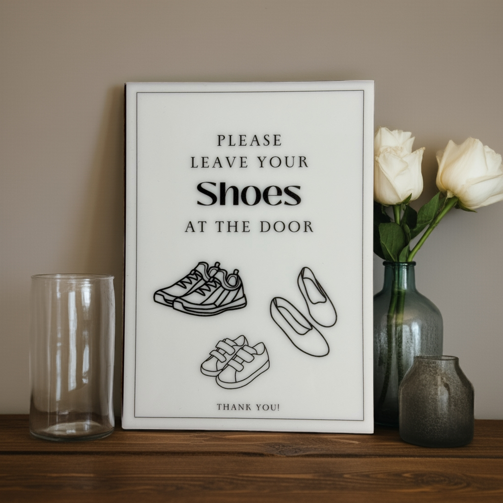 Please Leave Your Shoes - Vacation Rental House Rules Signs, 5x7 inch Acrylic Signs, Design (1) - Professional Artwork