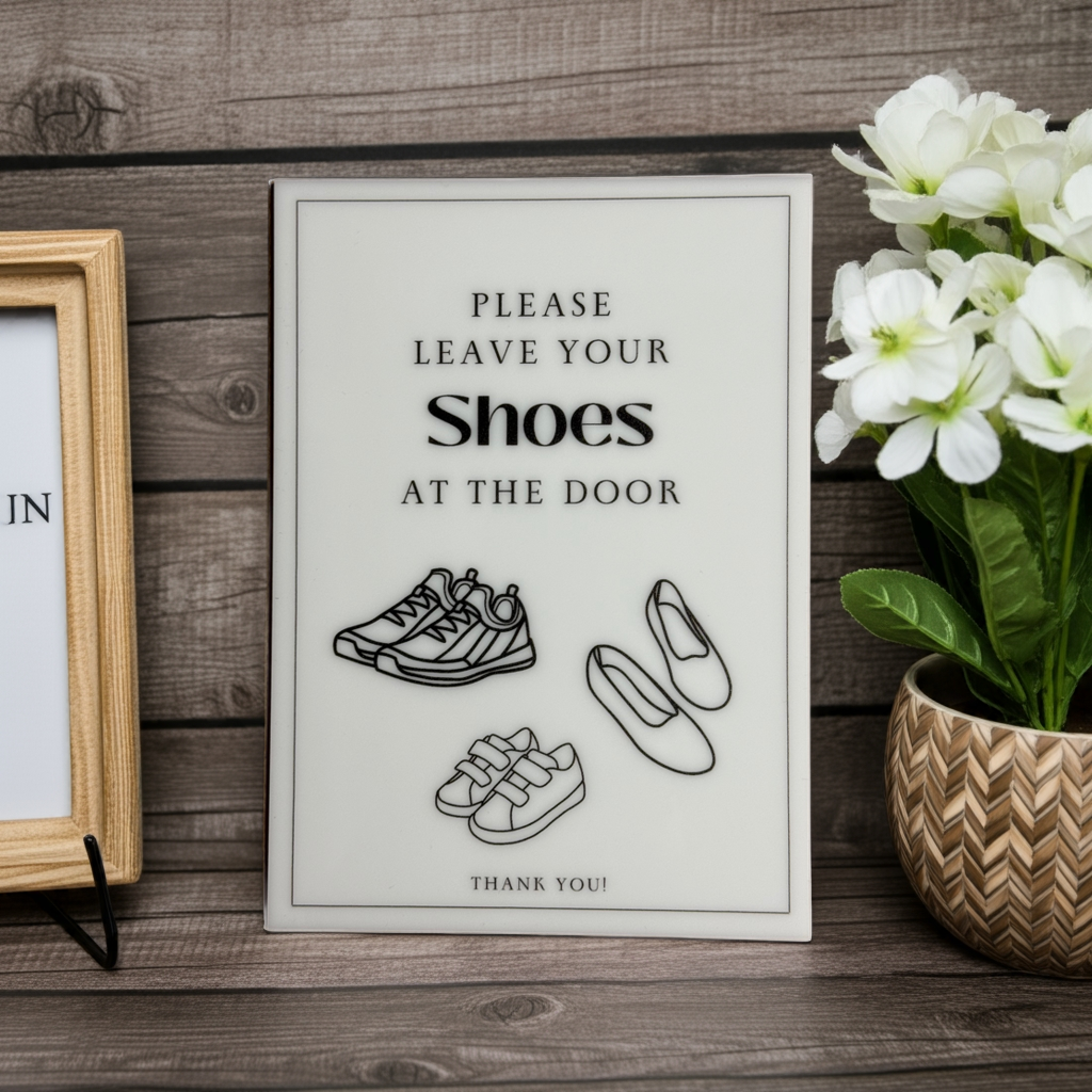 Please Leave Your Shoes - Vacation Rental House Rules Signs, 5x7 inch Acrylic Signs, Design (1) - Professional Artwork