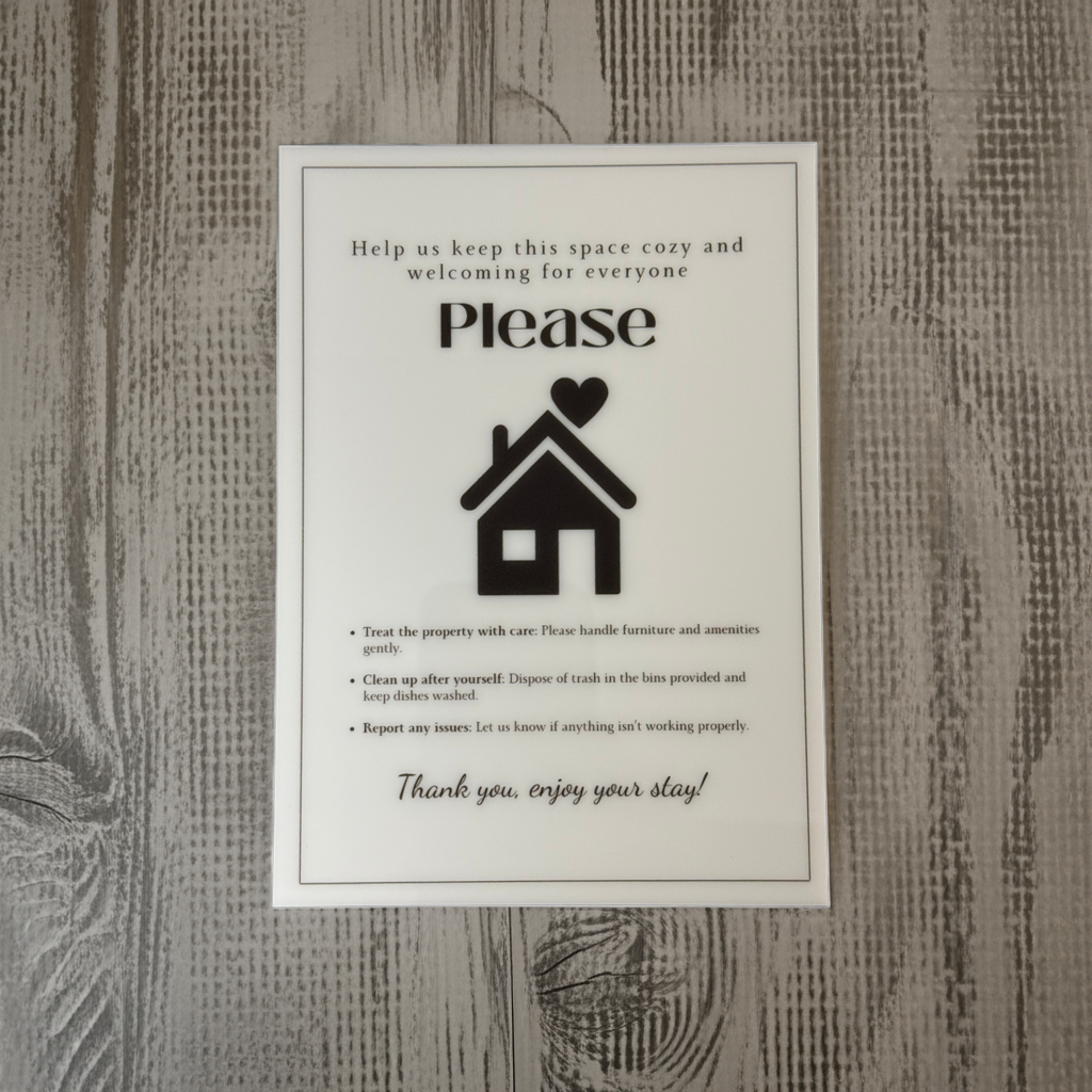 Help us keep this space cozy - Vacation Rental House Rules Signs, 5x7 inch Acrylic Signs (Design 42) - Professional Artwork