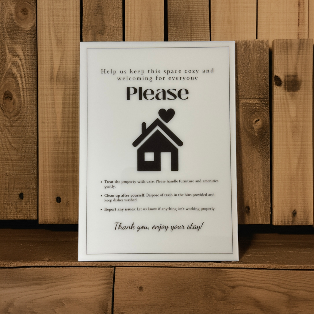 Help us keep this space cozy - Vacation Rental House Rules Signs, 5x7 inch Acrylic Signs (Design 42) - Professional Artwork