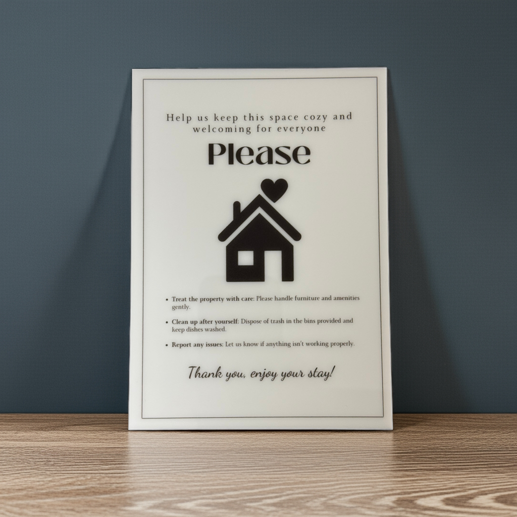 Help us keep this space cozy - Vacation Rental House Rules Signs, 5x7 inch Acrylic Signs (Design 42) - Professional Artwork