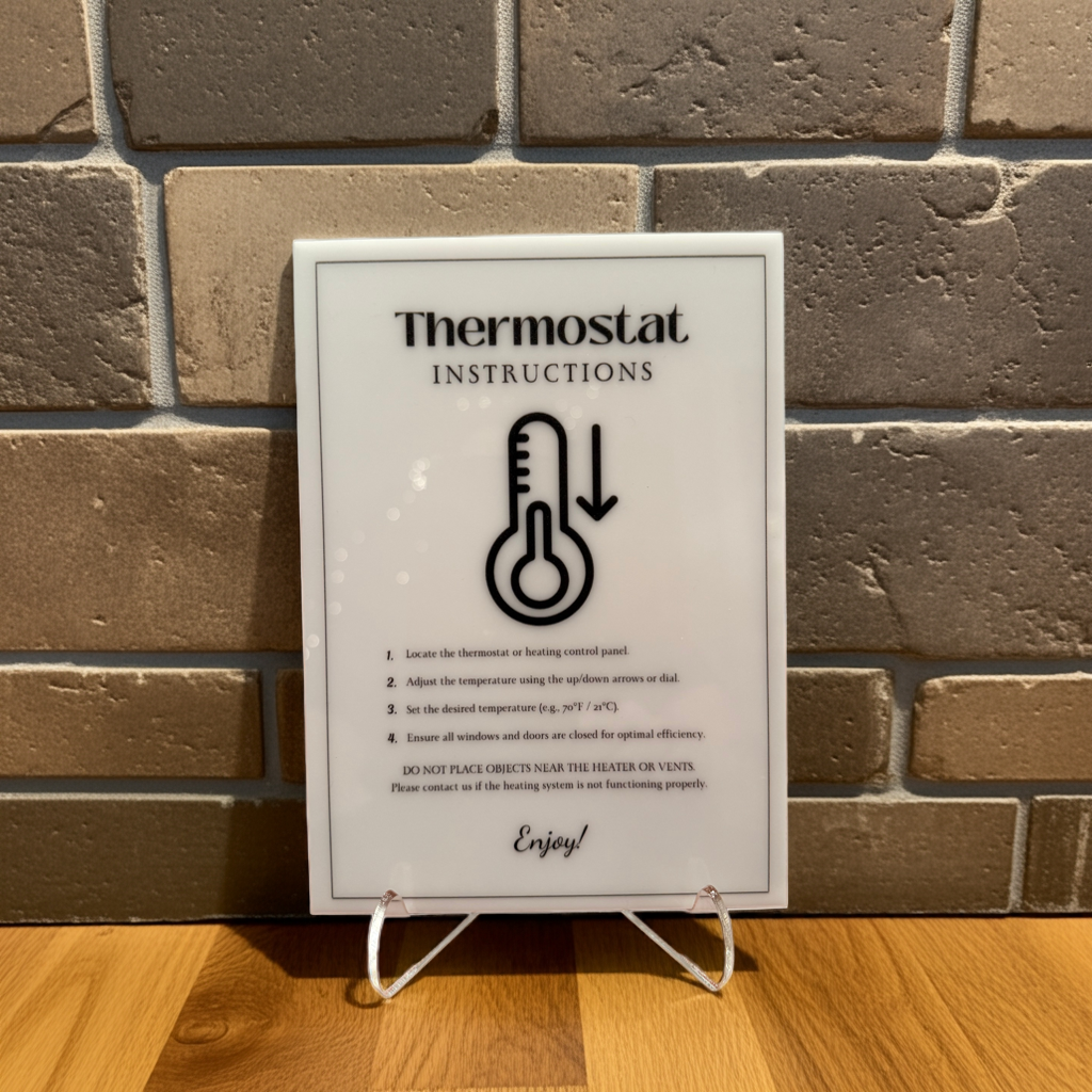Thermostat Instructions - Vacation Rental House Rules Signs, 5x7 inch Acrylic Signs (Design 37) - Professional Artwork