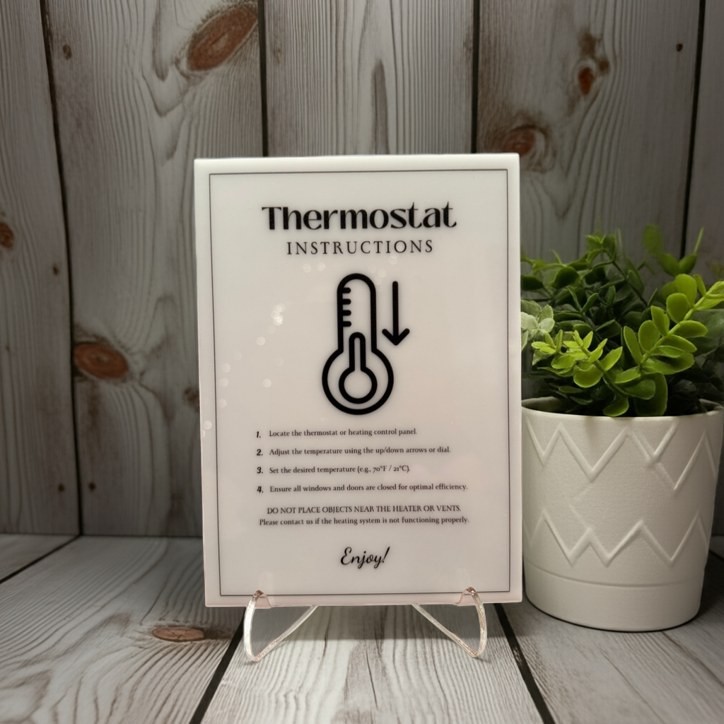 Thermostat Instructions - Vacation Rental House Rules Signs, 5x7 inch Acrylic Signs (Design 37) - Professional Artwork