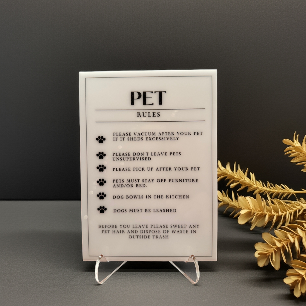 Pet Rules - Vacation Rental House Rules Signs, 5x7 inch Acrylic Signs (Design 21) - Professional Artwork