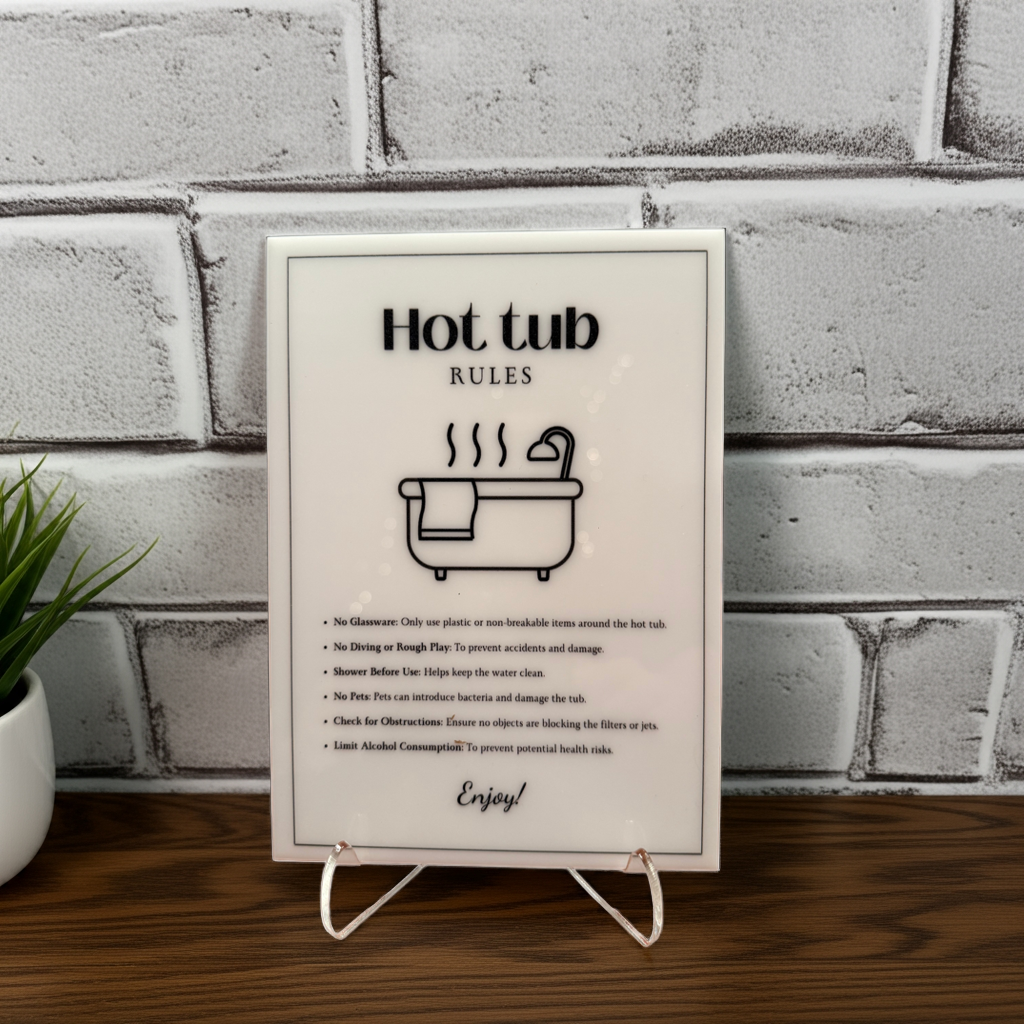 Hot Tub Rules - Vacation Rental House Rules Signs, 5x7 inch Acrylic Signs (Design 41) - Professional Artwork