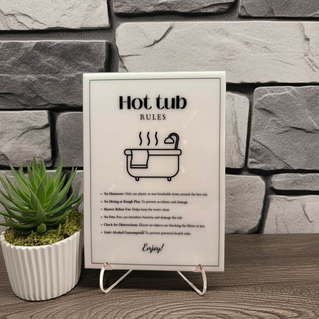 Hot Tub Rules - Vacation Rental House Rules Signs, 5x7 inch Acrylic Signs (Design 41) - Professional Artwork