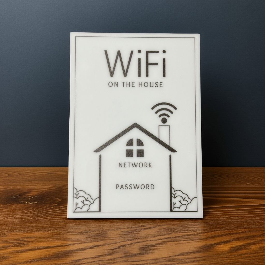 Wifi on The House - WiFi Network and Password Sign. Acrylic 5"x7" with Easel and Double Sided Tape. (White - Design 3) - Professional Artwork
