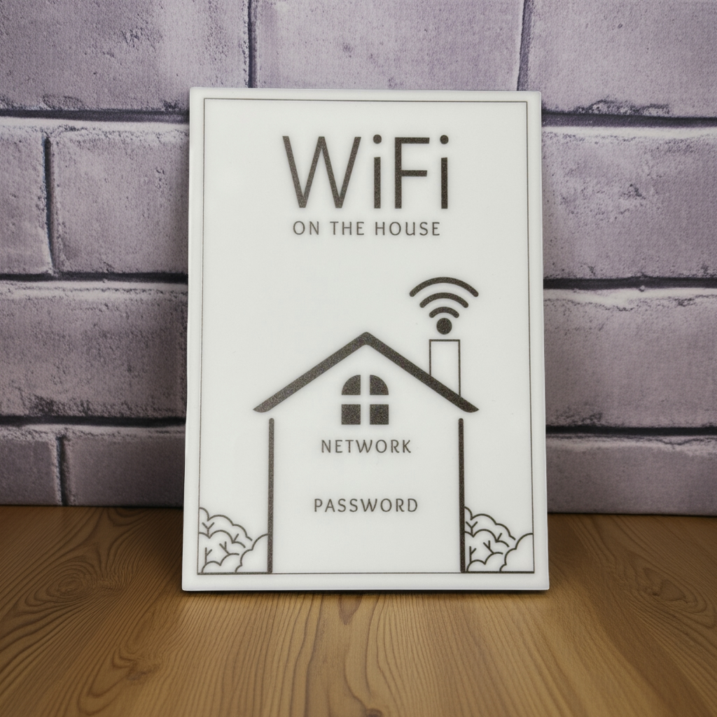 Wifi on The House - WiFi Network and Password Sign. Acrylic 5"x7" with Easel and Double Sided Tape. (White - Design 3) - Professional Artwork