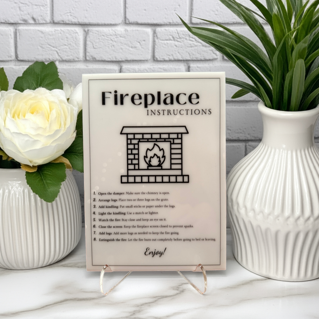 Fireplace Instructions - Vacation Rental House Rules Signs, 5x7 inch Acrylic Signs (Design 34) - Professional Artwork