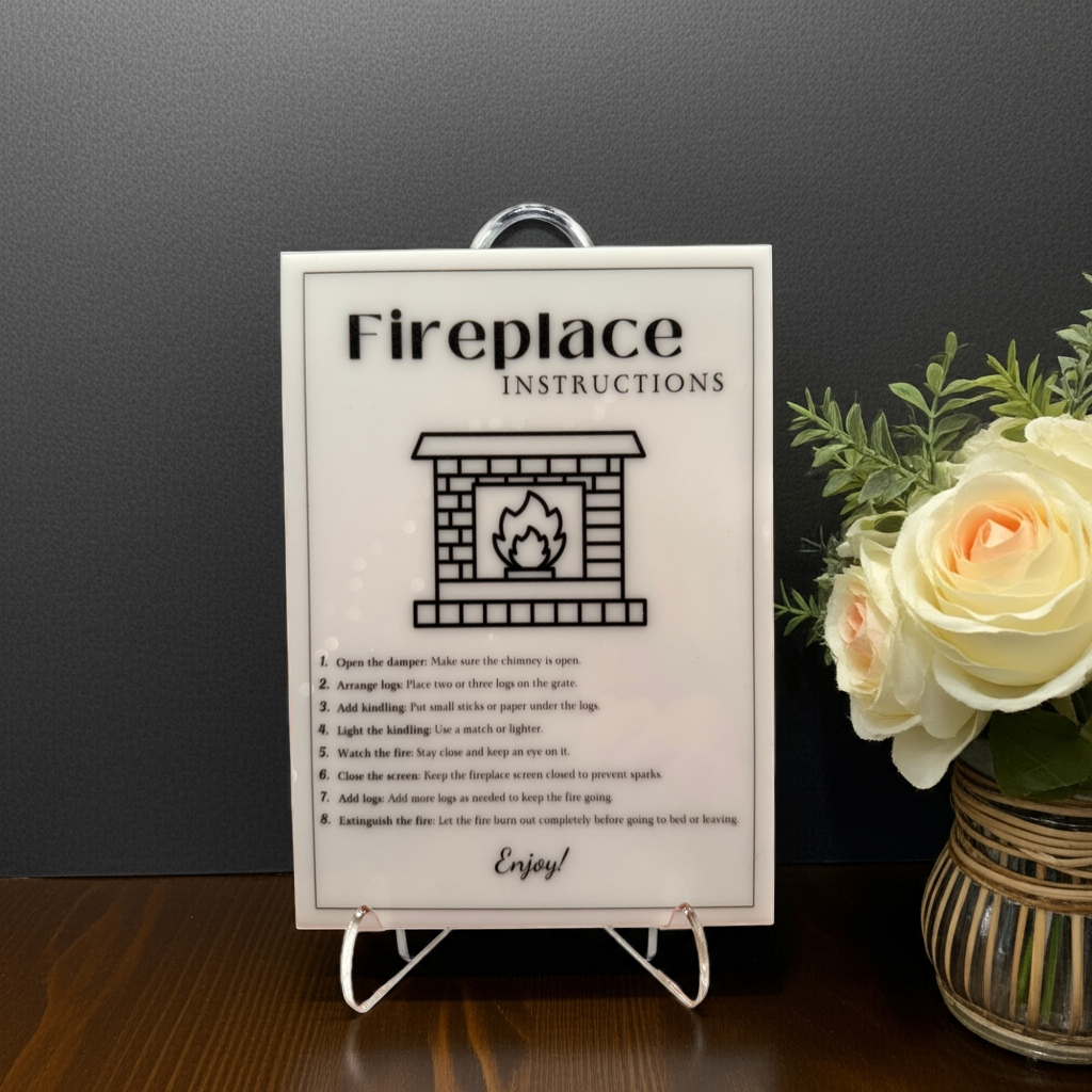 Fireplace Instructions - Vacation Rental House Rules Signs, 5x7 inch Acrylic Signs (Design 34) - Professional Artwork