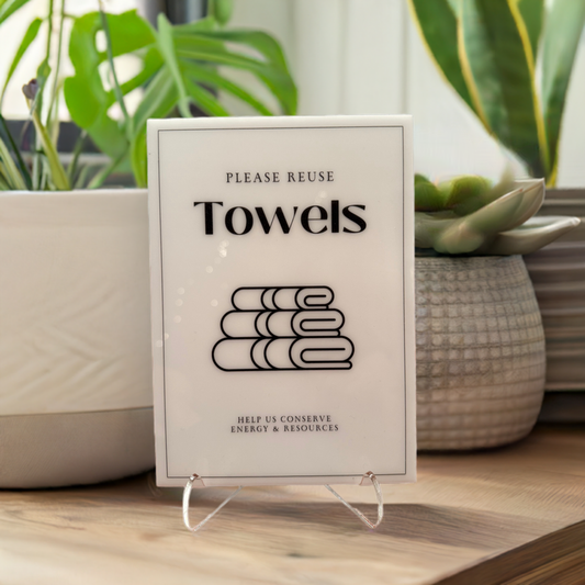 Please Reuse Towels - Vacation Rental House Rules Signs, 5x7 inch Acrylic Signs (Design 14)