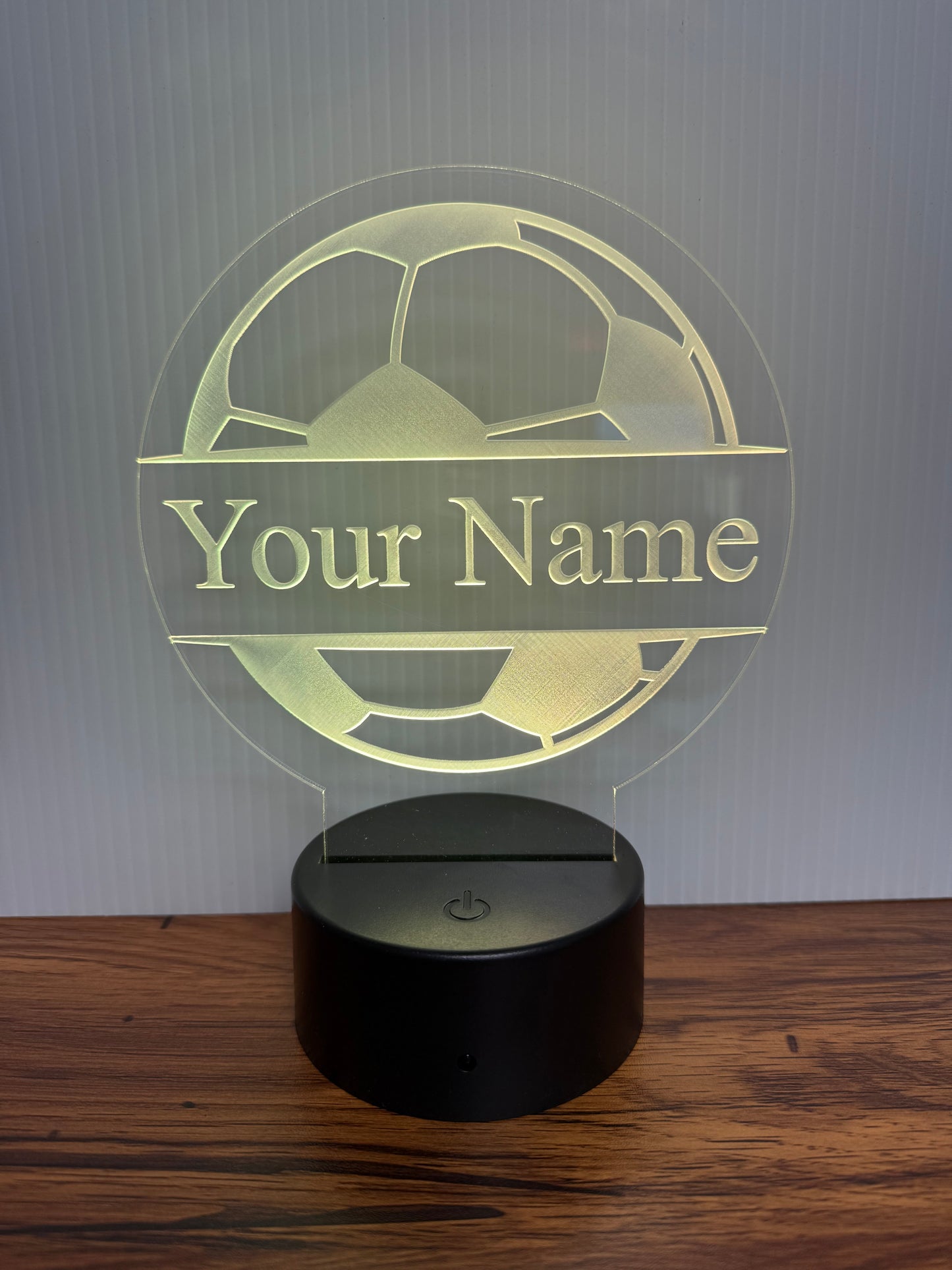 Custom Soccer LED 6"x6” Round Acrylic Table Sign. Wireless Remote Included.