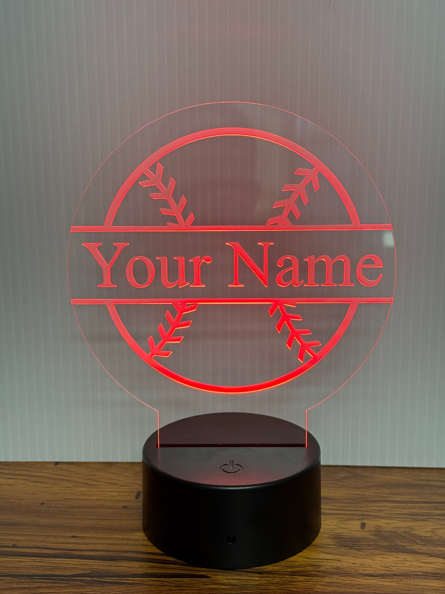 Custom Baseball LED 6"x6” Round Acrylic Table Sign. Wireless Remote Included.