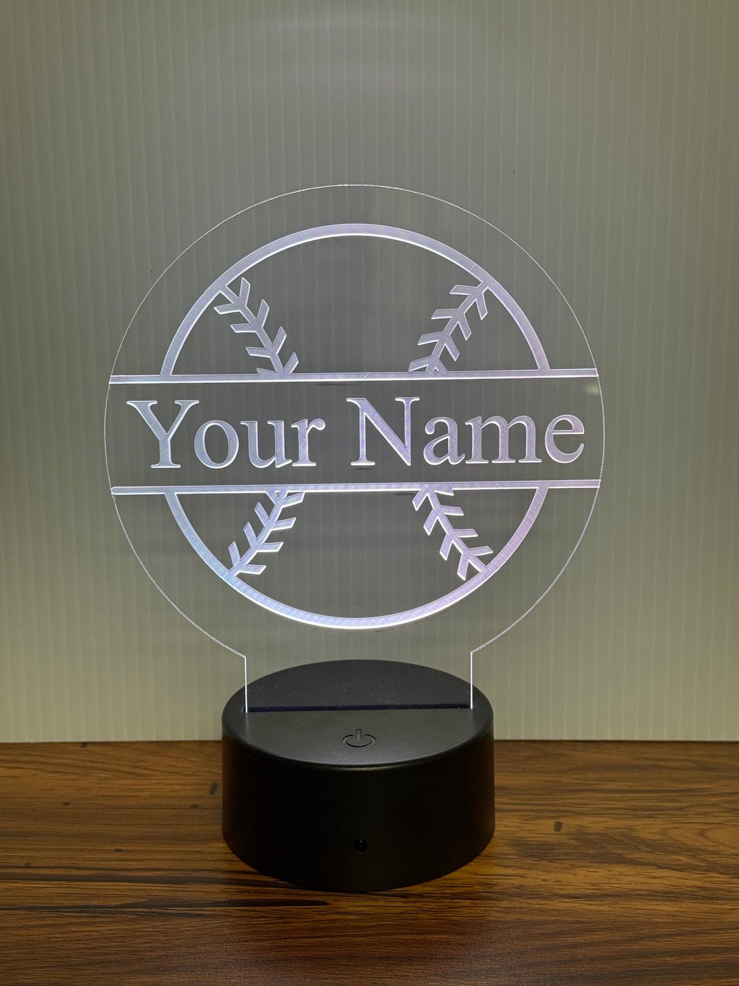 Custom Baseball LED 6"x6” Round Acrylic Table Sign. Wireless Remote Included.