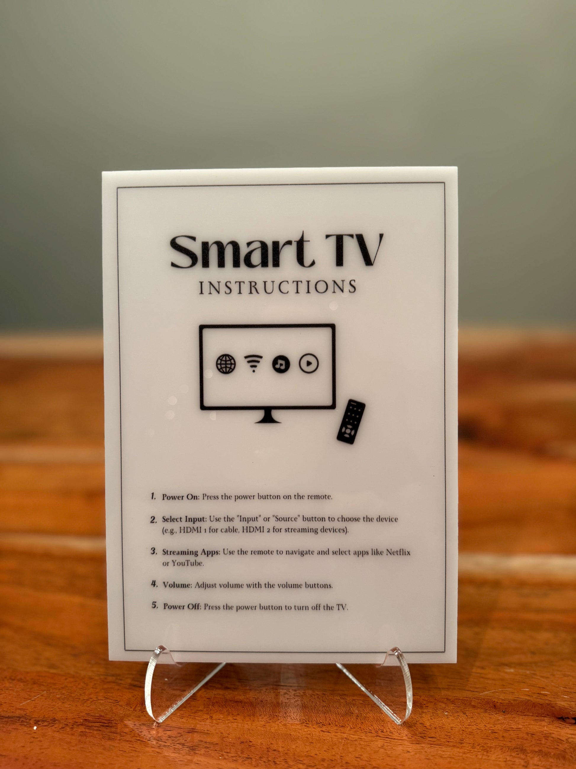 Smart TV Instructions - Vacation Rental House Rules Signs, 5x7 inch Acrylic Signs (Design 40) - Professional Artwork