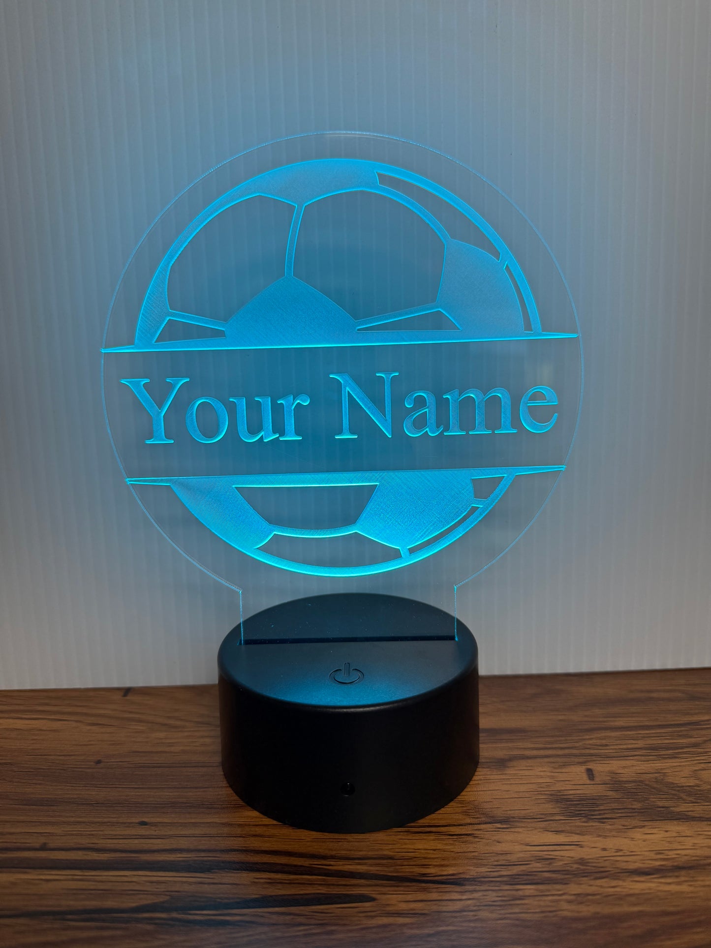 Custom Soccer LED 6"x6” Round Acrylic Table Sign. Wireless Remote Included.