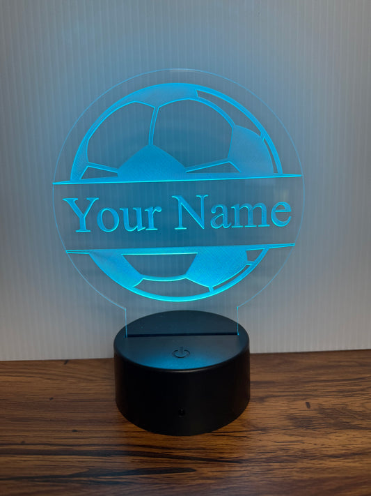 Custom Soccer LED 6"x6” Round Acrylic Table Sign. Wireless Remote Included.