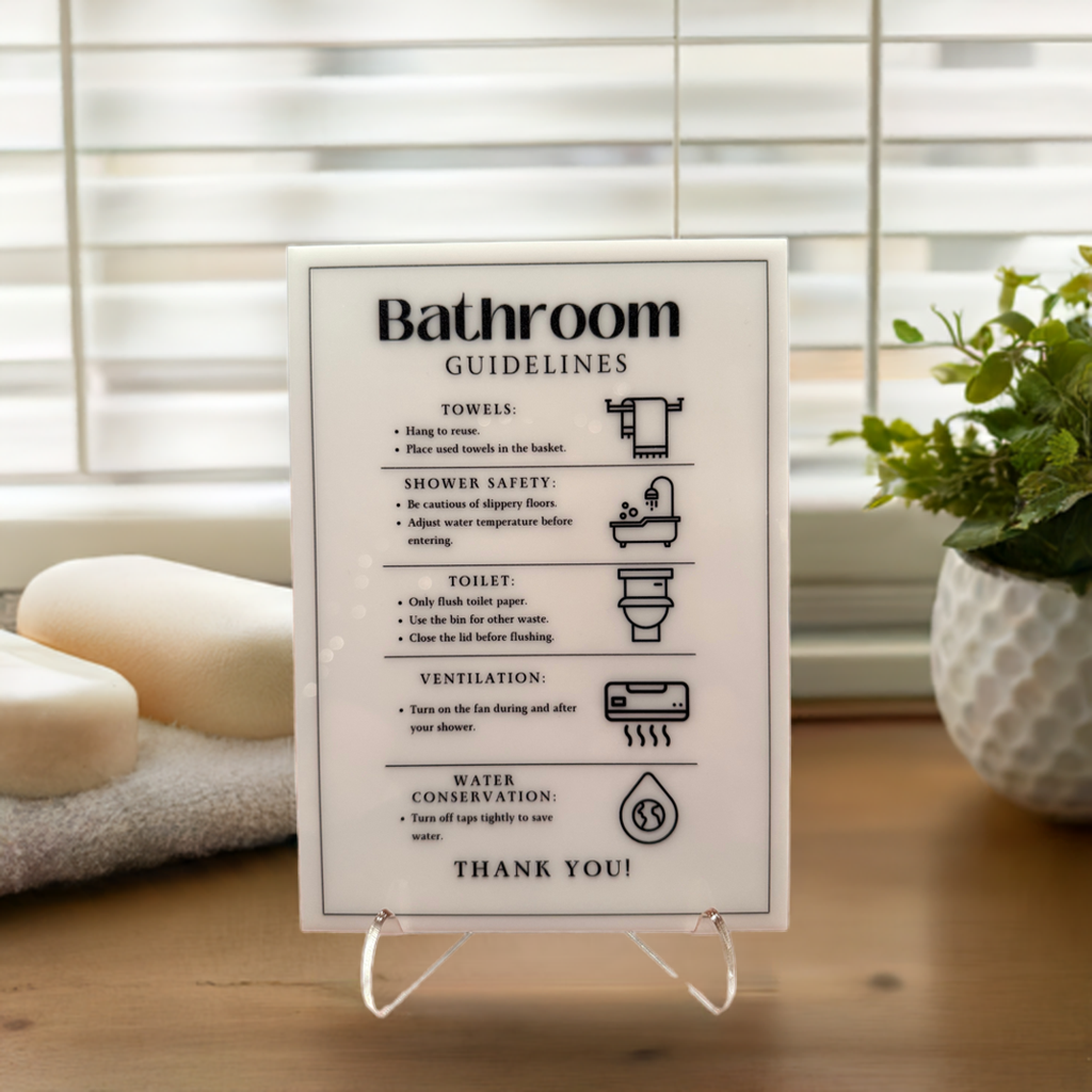 Bathroom Guidelines - Vacation Rental House Rules Signs, 5x7 inch Acrylic Signs (Design 17)