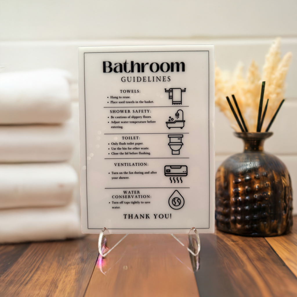 Bathroom Guidelines - Vacation Rental House Rules Signs, 5x7 inch Acrylic Signs (Design 17)